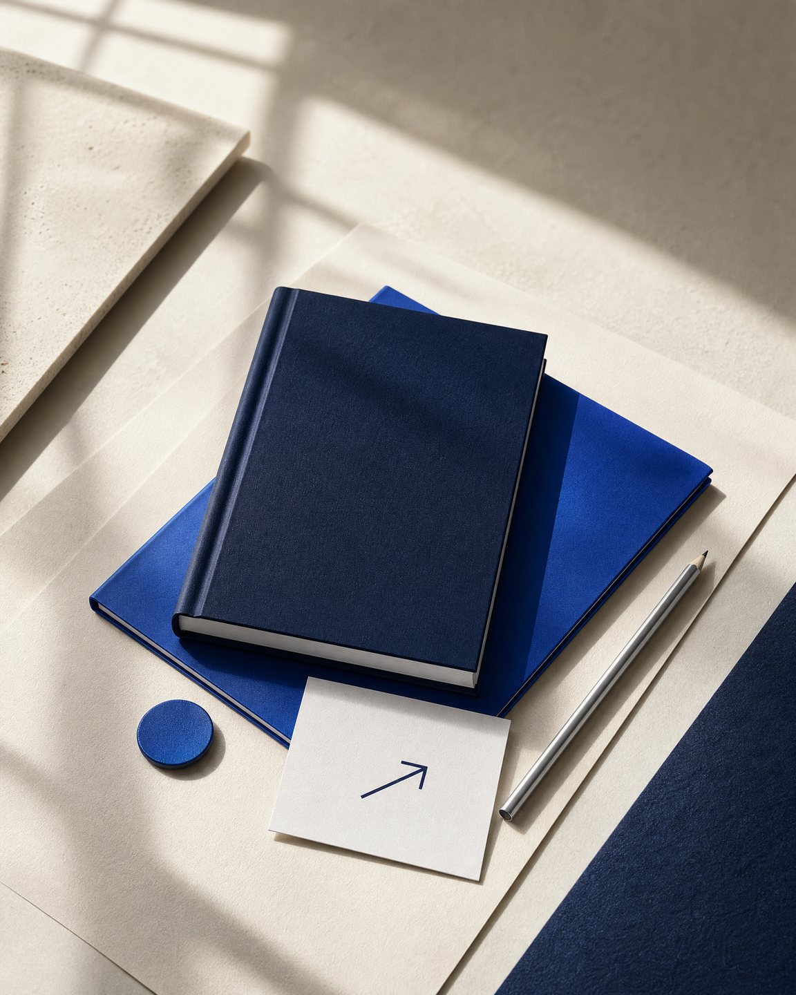 A navy private-system notebook, cobalt token, and progress marker